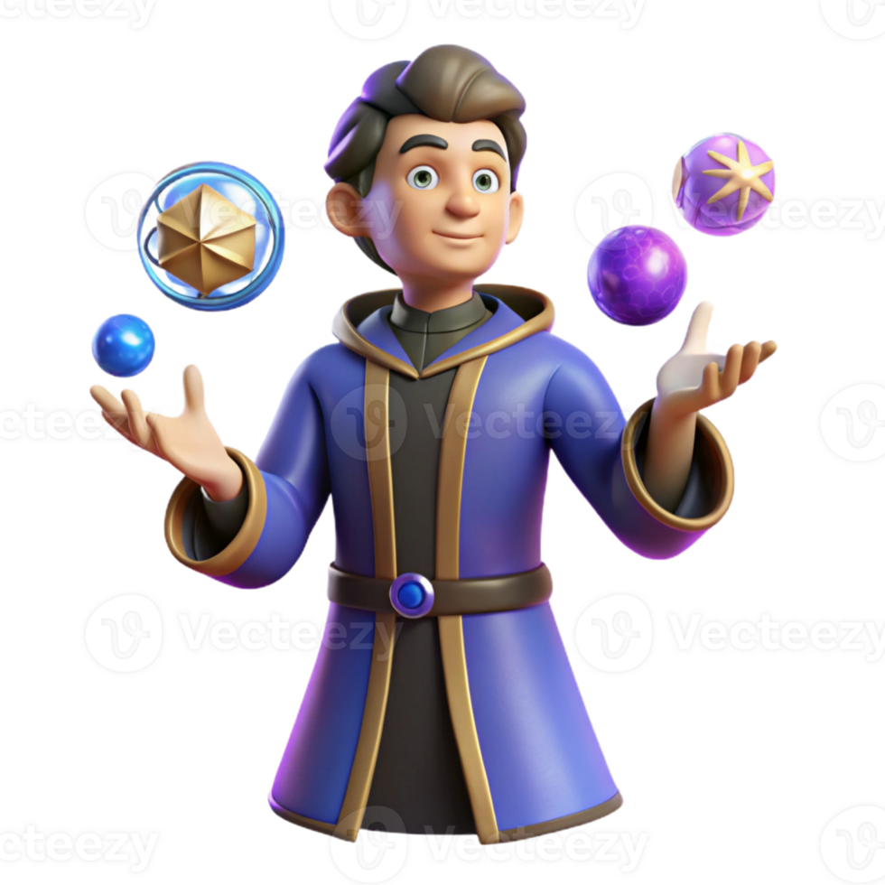 wonderful modern 3D Render Wizard Juggling Magic Orbs premium png