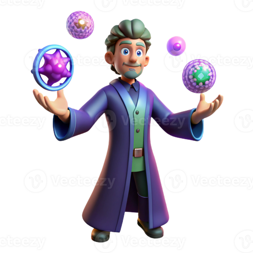 serene modern 3D Cartoon Wizard Juggling Colorful Spheres detailed png