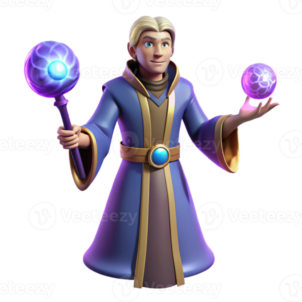 elegant rustic 3D Render Wizard with Magic Staff and Orb high resolution png