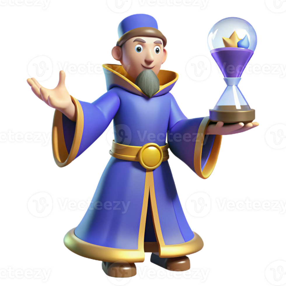 dramatic creative 3D Cartoon Wizard with Hourglass high quality png