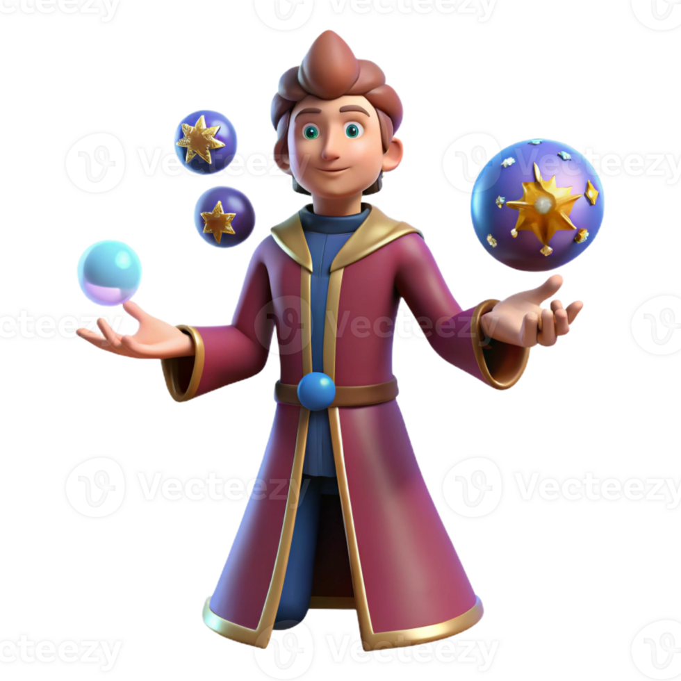 dramatic rustic 3D Cartoon Wizard Juggling Magic Orbs genuine png