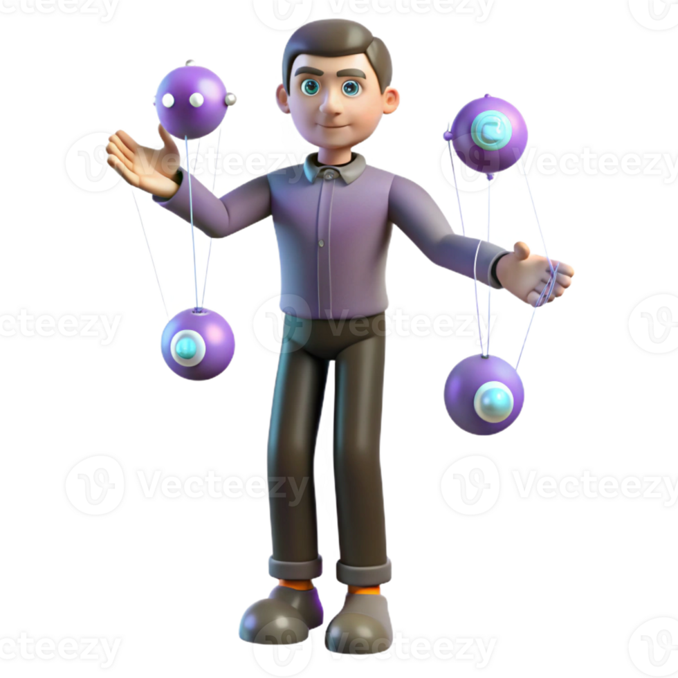 magnificent artistic 3D Cartoon Man Juggling Purple Spheres high resolution png
