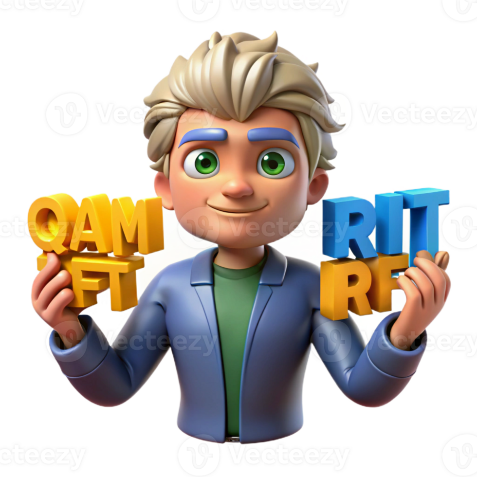 stunning modern 3D Cartoon Boy Holding QAM and RIT Letters professional png