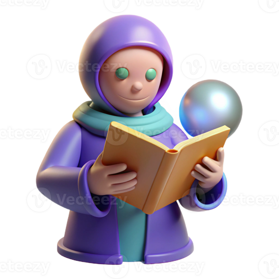 magnificent classic 3D Render Cartoon Wizard Reading Book 4K png
