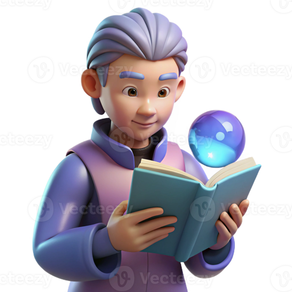 elegant traditional 3D Illustration Young Reader Studying Magic Book professional png