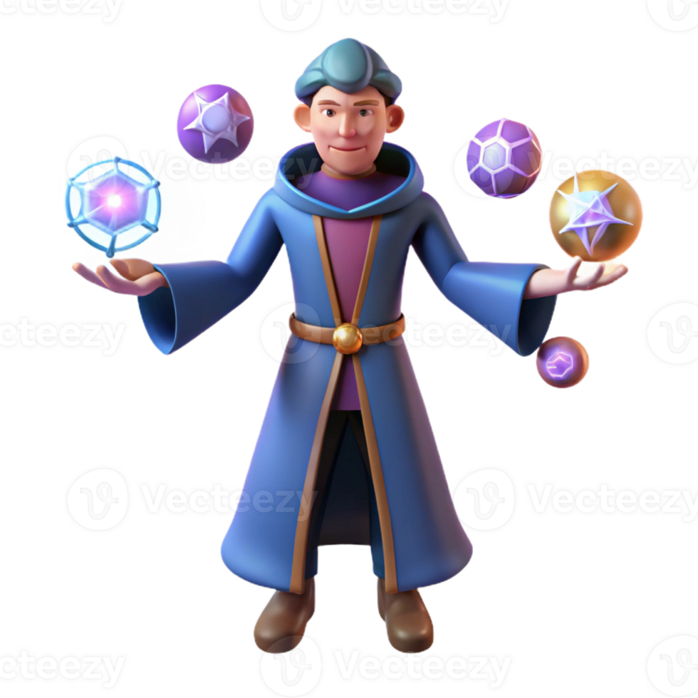 beautiful traditional Wizard Juggling Magical Orbs 3D Render exclusive png