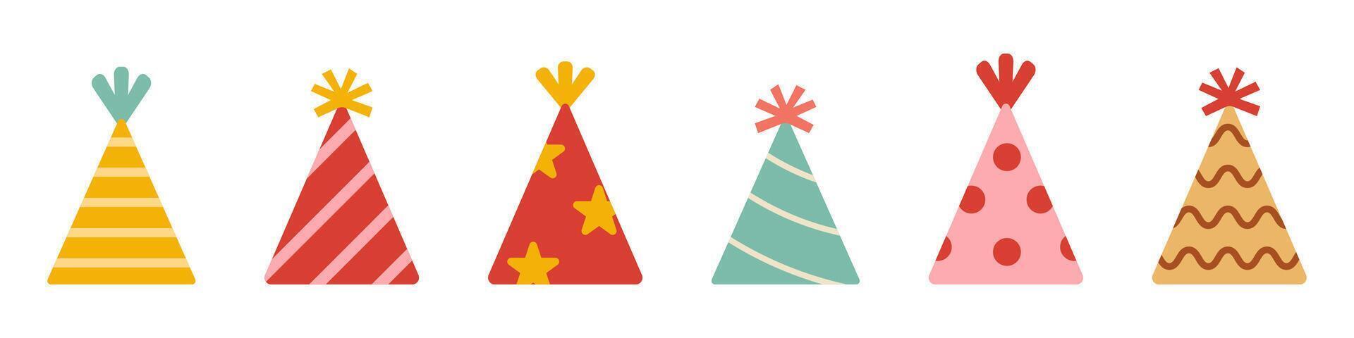 happy birthday party hats set. Cute party caps in flat design. Festive elements. Collection of birthday party cones. vector