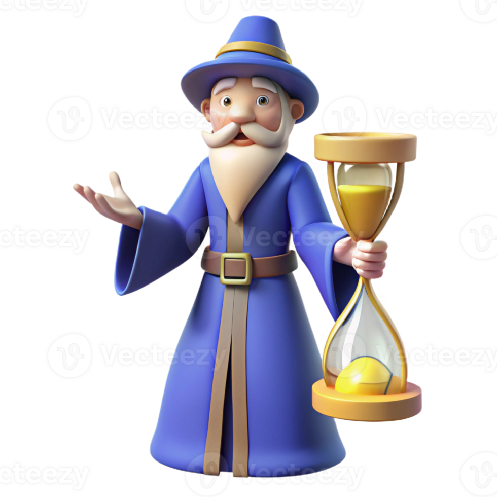 impressive contemporary 3D Cartoon Wizard with Hourglass high quality png