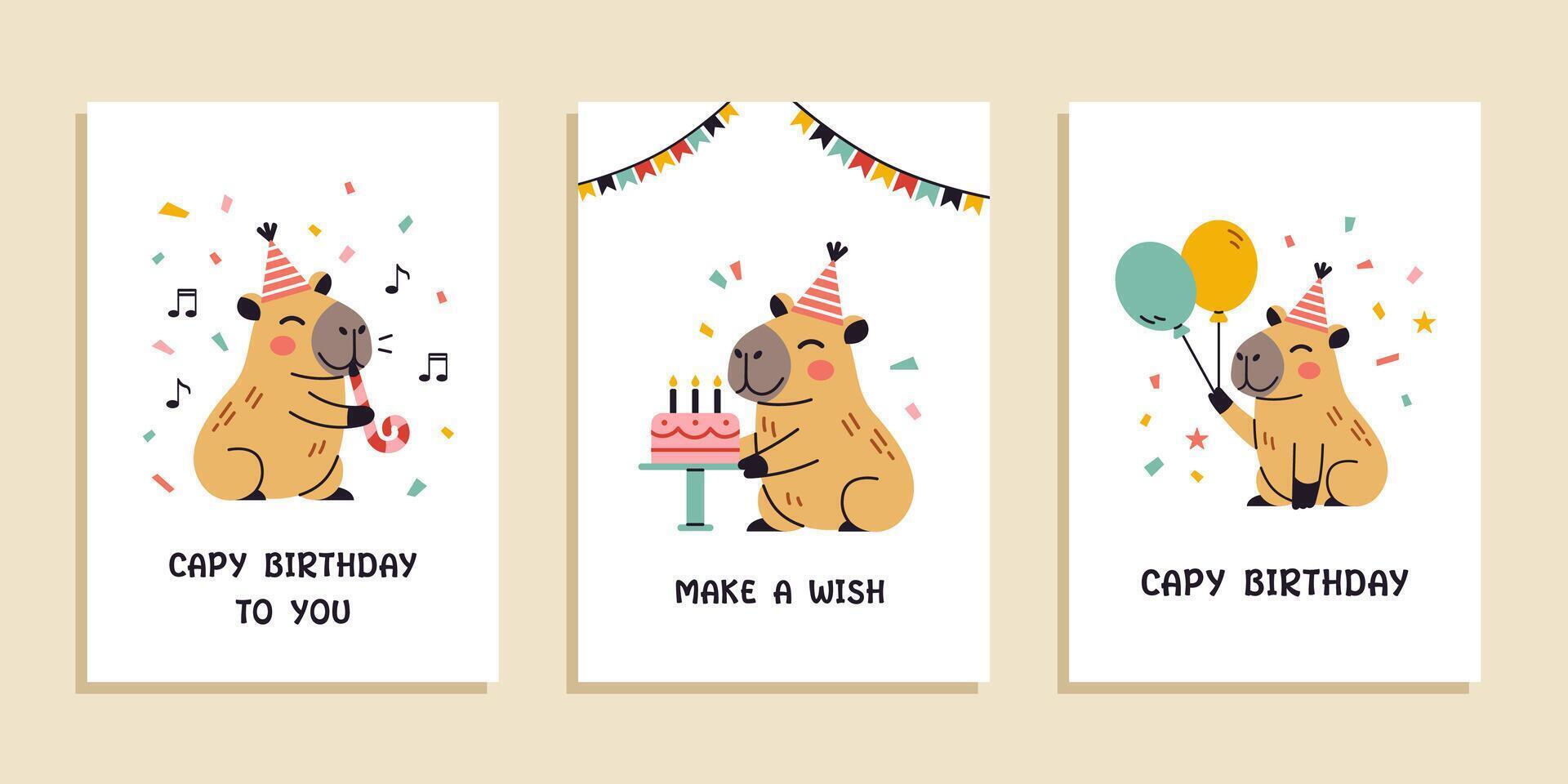 happy birthday greeting card and party invitation set. Posters with cute capybaras in flat design. Festive postcards. Collection of greeting cards illustration. vector