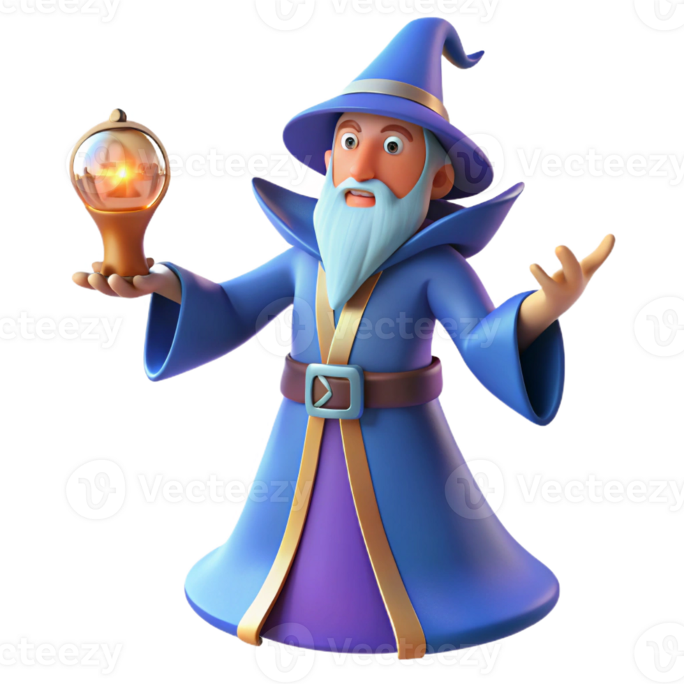 extraordinary minimalist 3D Cartoon Wizard with Crystal Ball 4K png