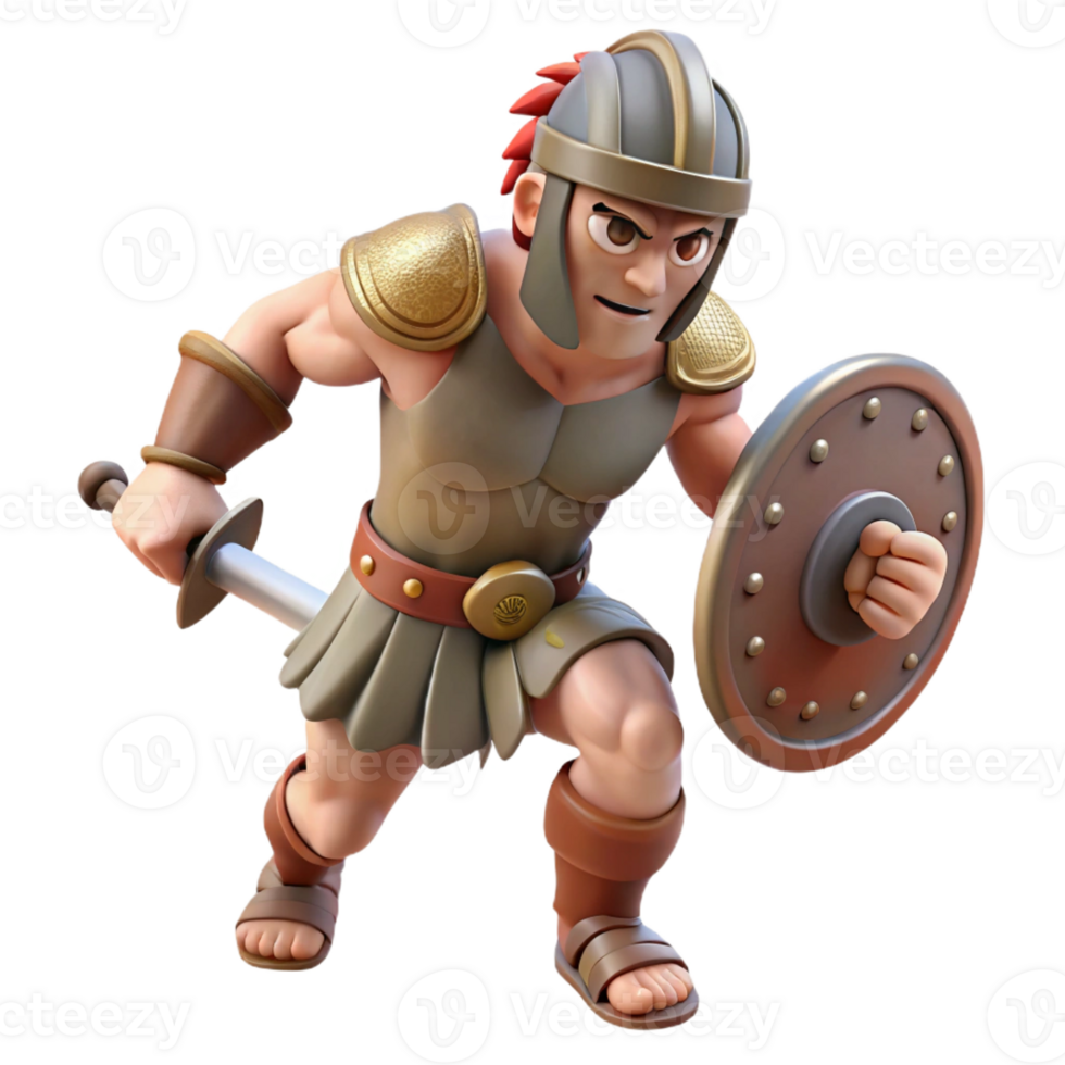 serene rustic 3D Cartoon Gladiator Illustration 4K png