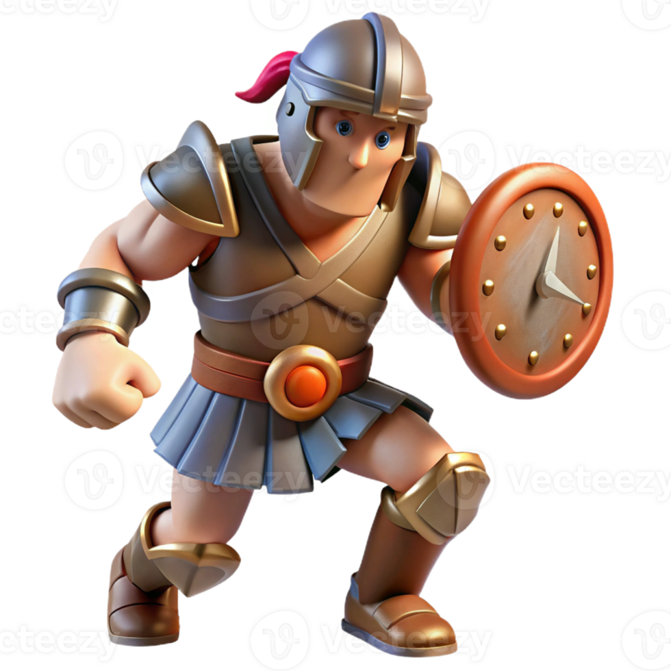 serene rustic 3D Cartoon Gladiator with Clock Shield exclusive png