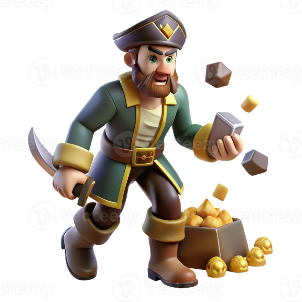 stunning minimalist 3D Cartoon Pirate with Treasure high resolution png