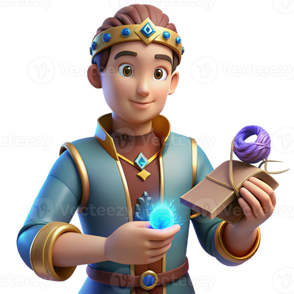 serene creative 3D Render Young King with Magic Gem 4K png