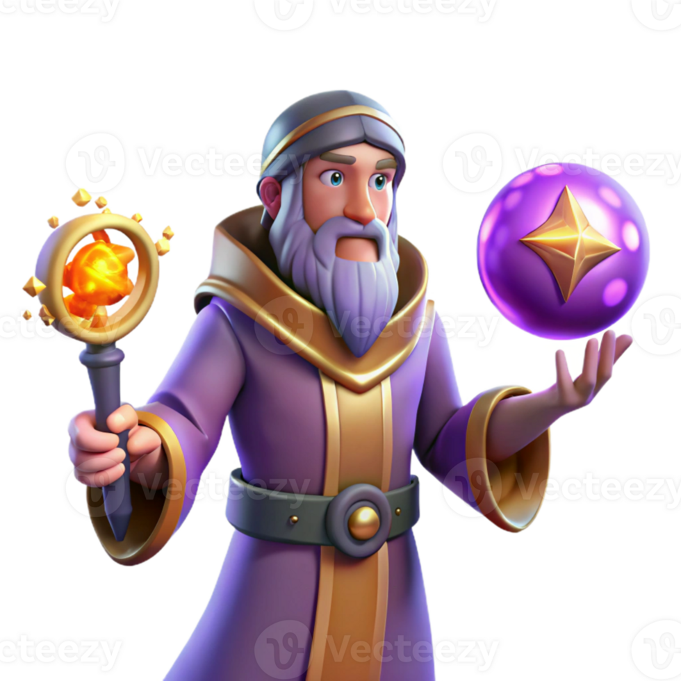 extraordinary traditional Wizard with Staff and Orb 3D Render high quality png