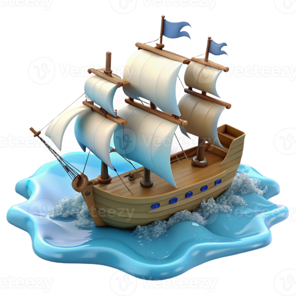 magnificent minimalist 3D Cartoon Sailing Ship on Waves authentic png