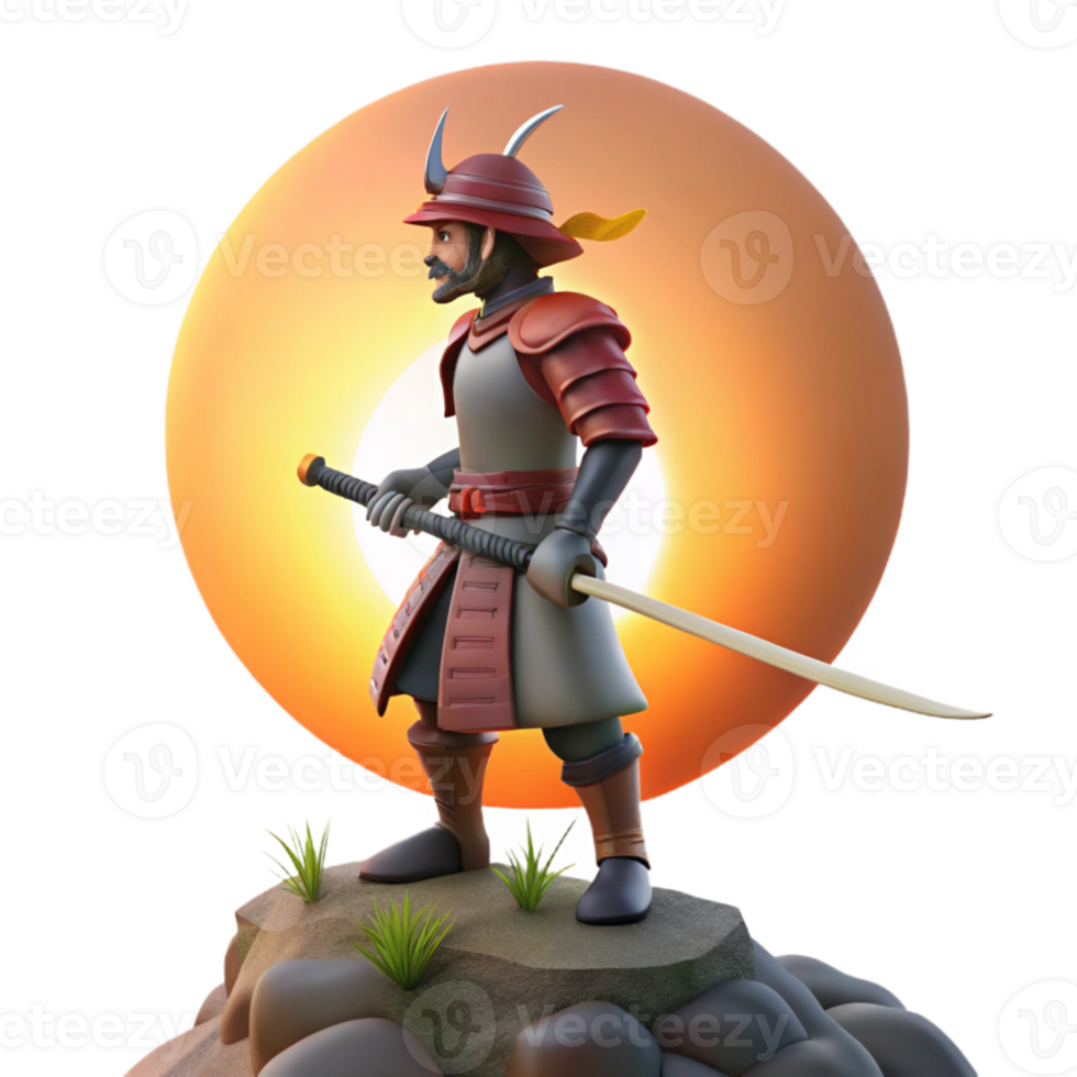 impressive modern 3D Samurai Illustration Warrior at Sunset authentic png