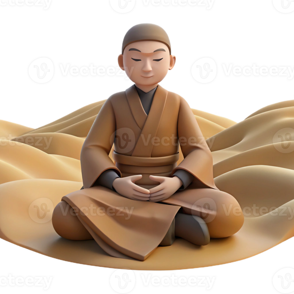 stunning minimalist 3D Illustration Monk Meditating Sand Dunes detailed png