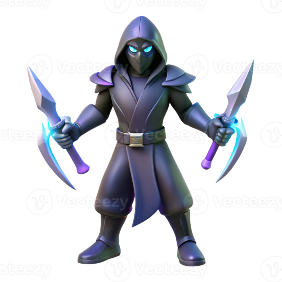 beautiful traditional 3D Render Dark Hooded Ninja with Twin Blades detailed png