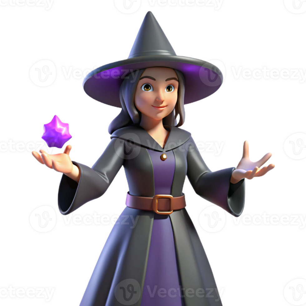 vibrant minimalist Friendly Witch 3D Render detailed png