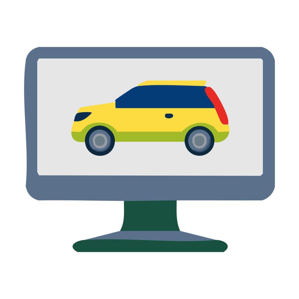 Car on computer screen. illustration in flat style. Isolated on white background. vector