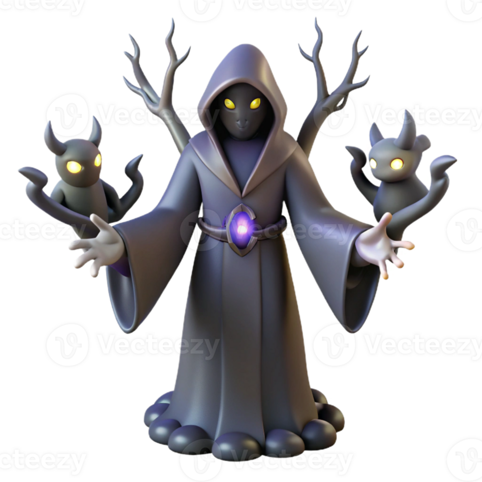 elegant rustic Dark Wizard 3D Render with Imps professional png