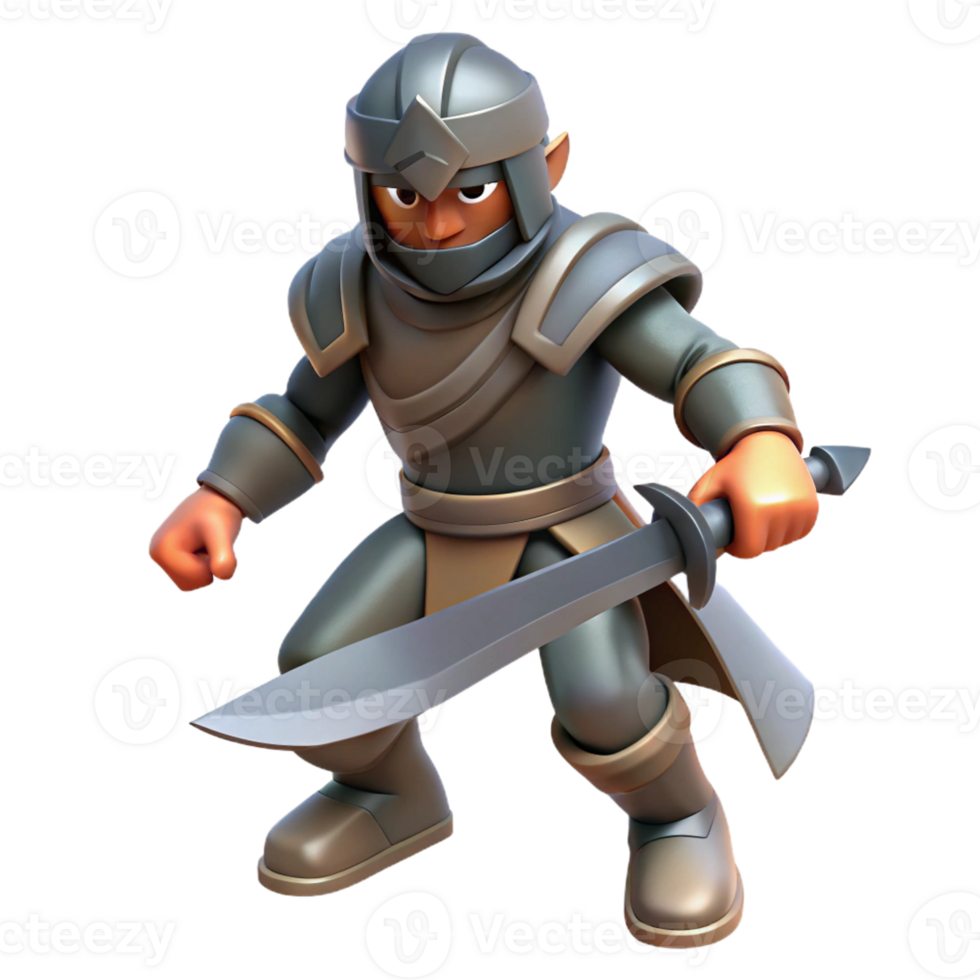 beautiful artistic 3D Render Fantasy Warrior, Gray Armor, Cartoonish Style exclusive png