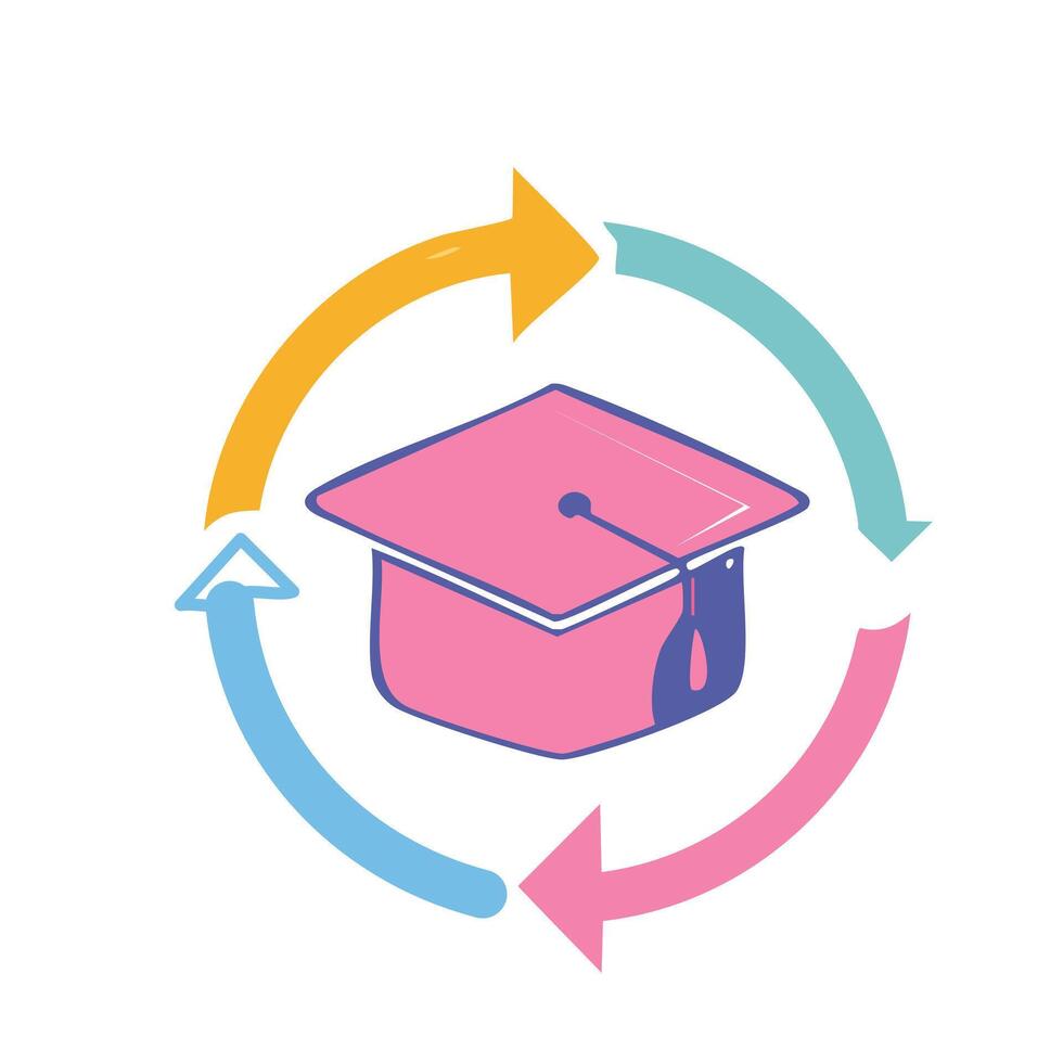 Graduation cap and arrows in flat style. illustration for web design vector