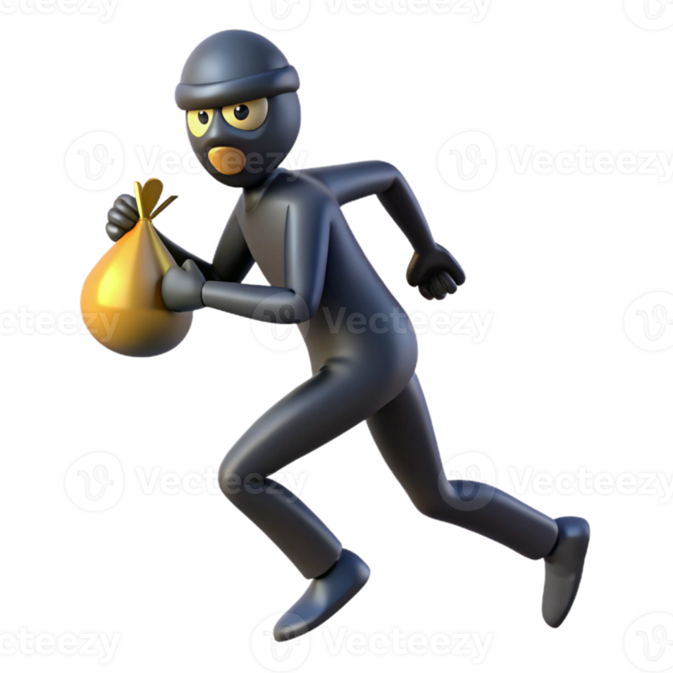 serene contemporary 3D Cartoon Thief Running with Gold original png
