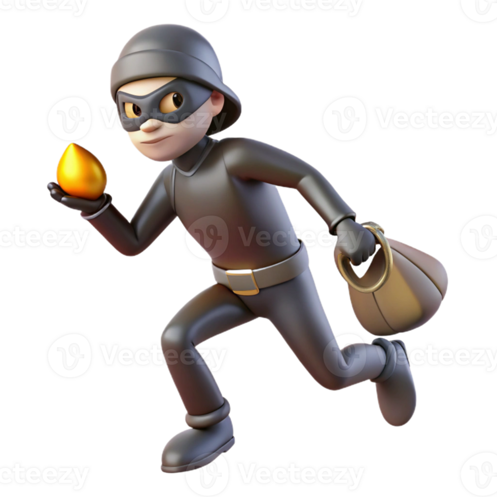 elegant minimalist 3D Cartoon Thief Running with Gold professional png