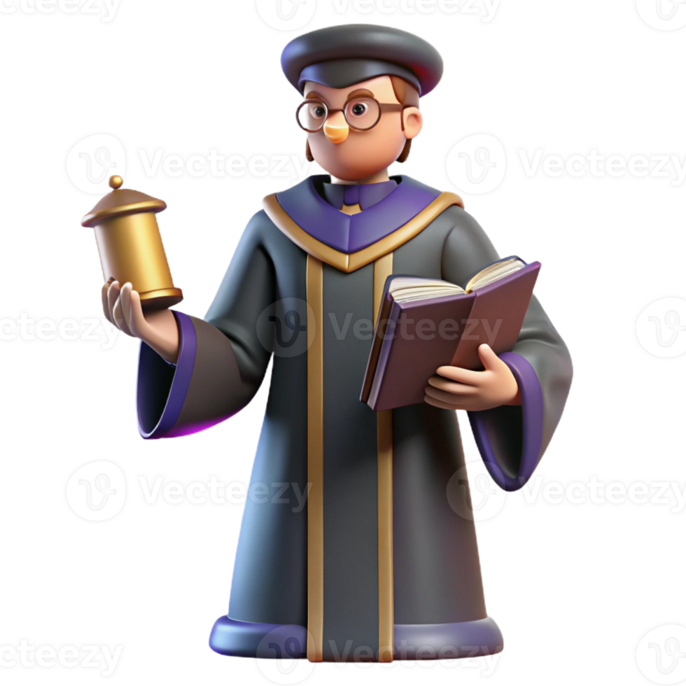 stunning classic 3D Cartoon Scholar with Book and Scroll professional png