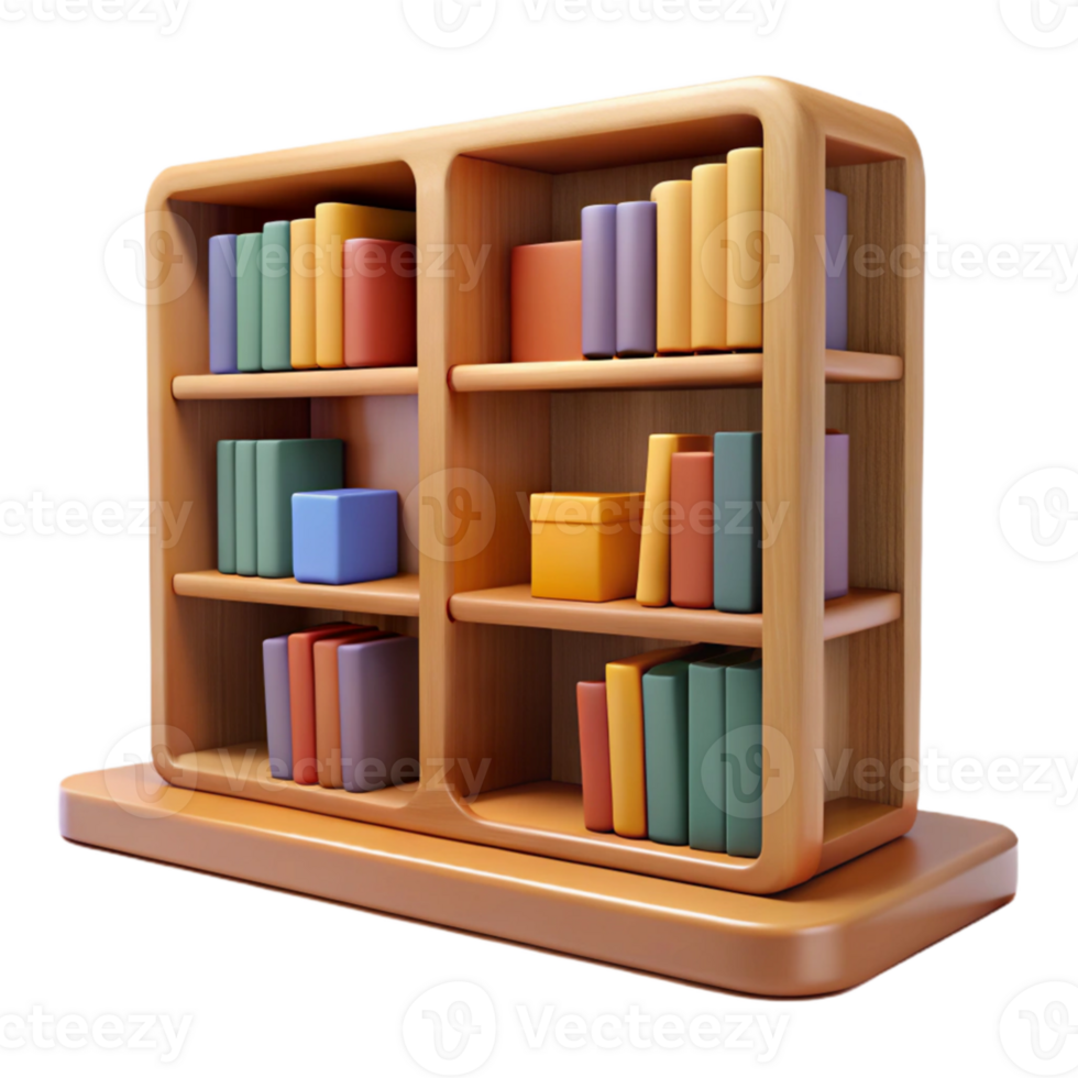 dramatic contemporary 3D Render of Wooden Bookcase with Colorful Books high quality png