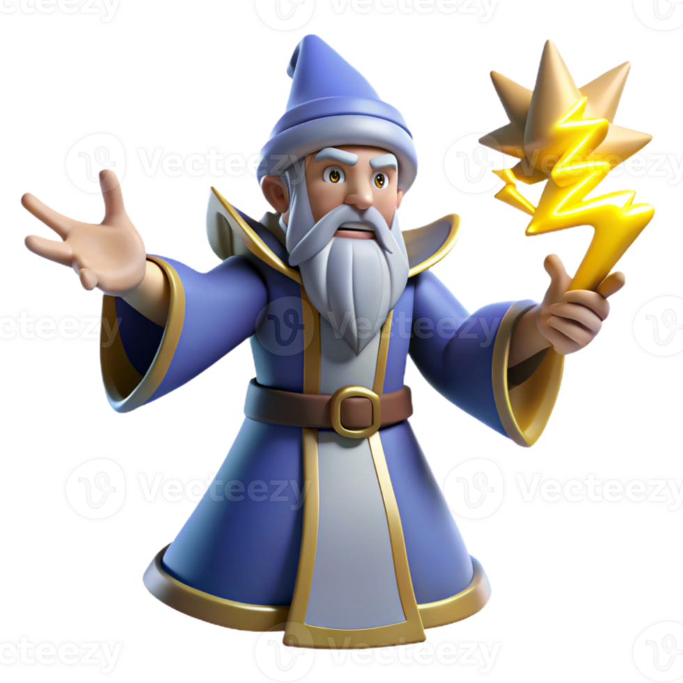 dramatic contemporary Wizard 3D Render, Magic Staff, Cartoon Style detailed png