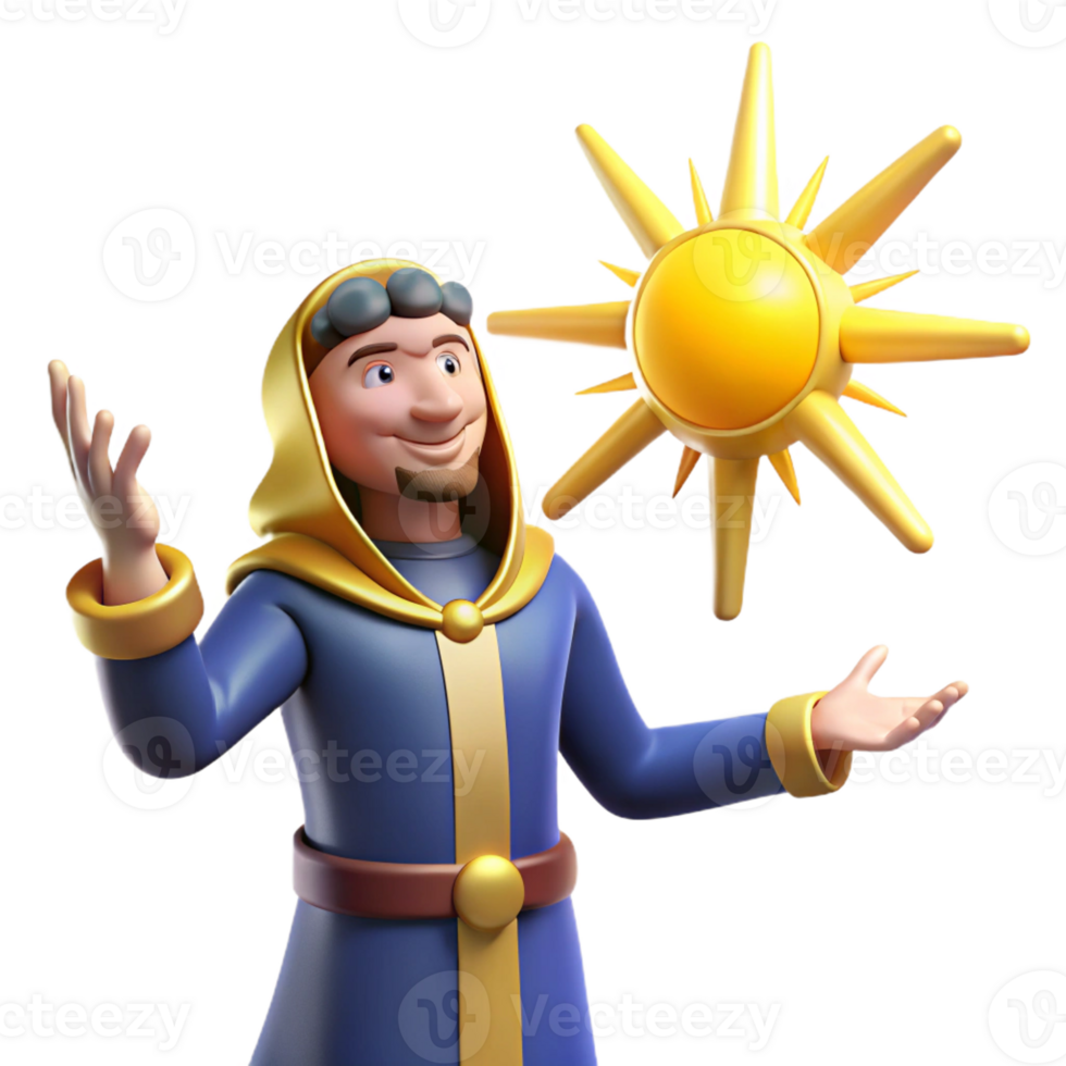 beautiful classic 3D Cartoon Wizard and Sun Illustration 4K png