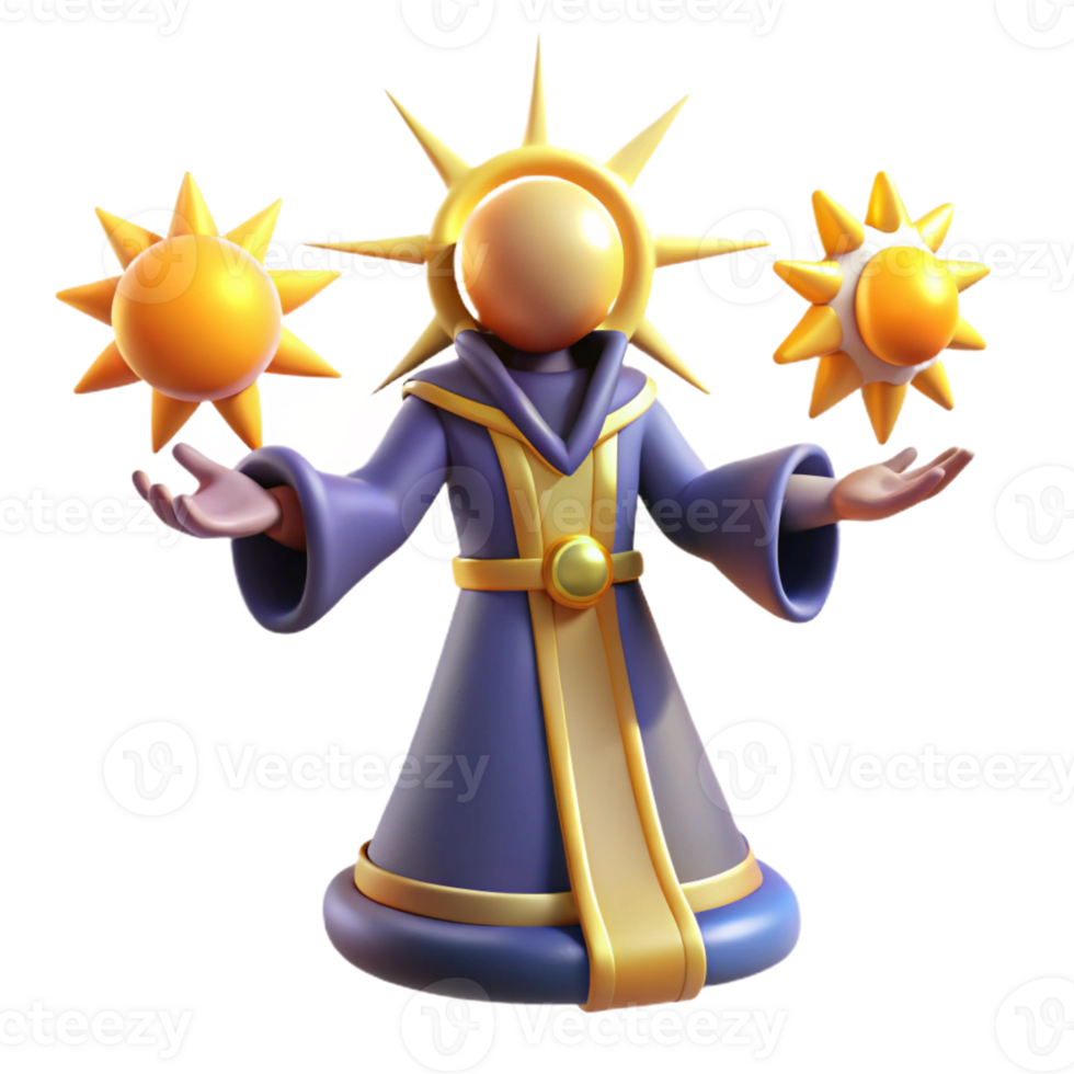stunning vintage 3D Render Sun Wizard Cartoon Character high quality png