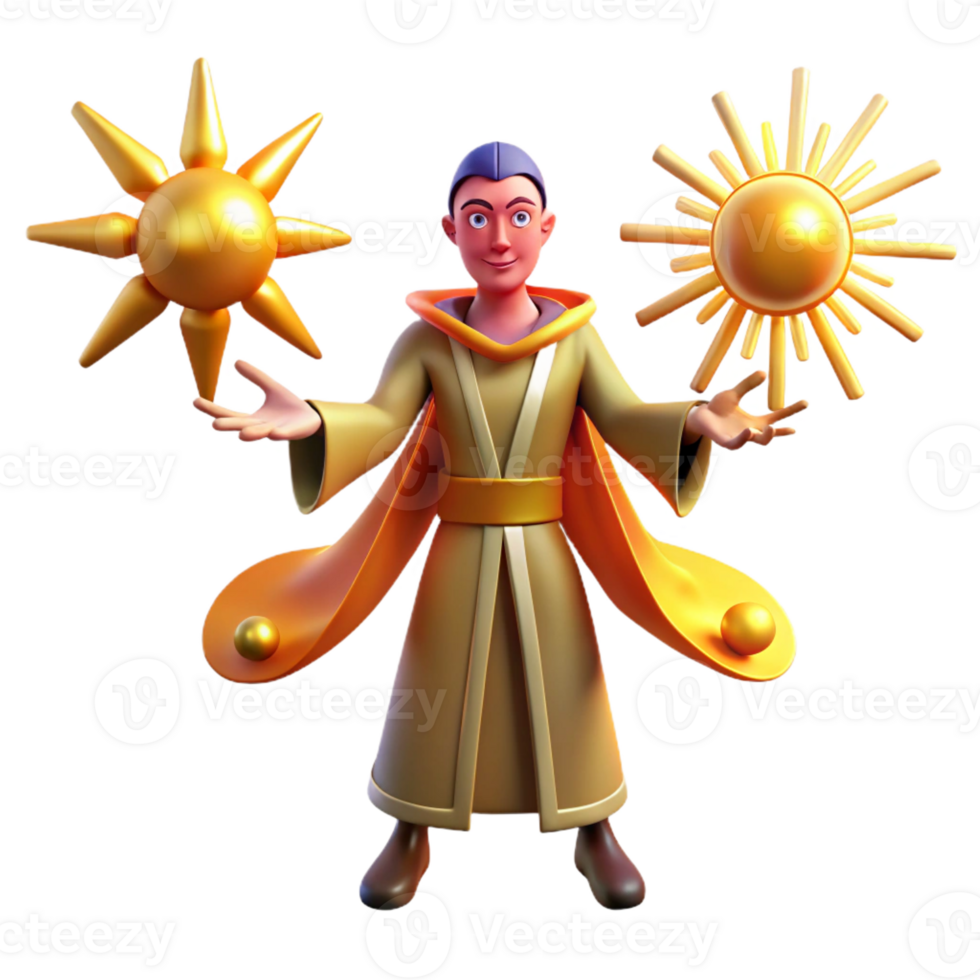 stunning minimalist 3D Render of a Wise Mage with Suns high resolution png