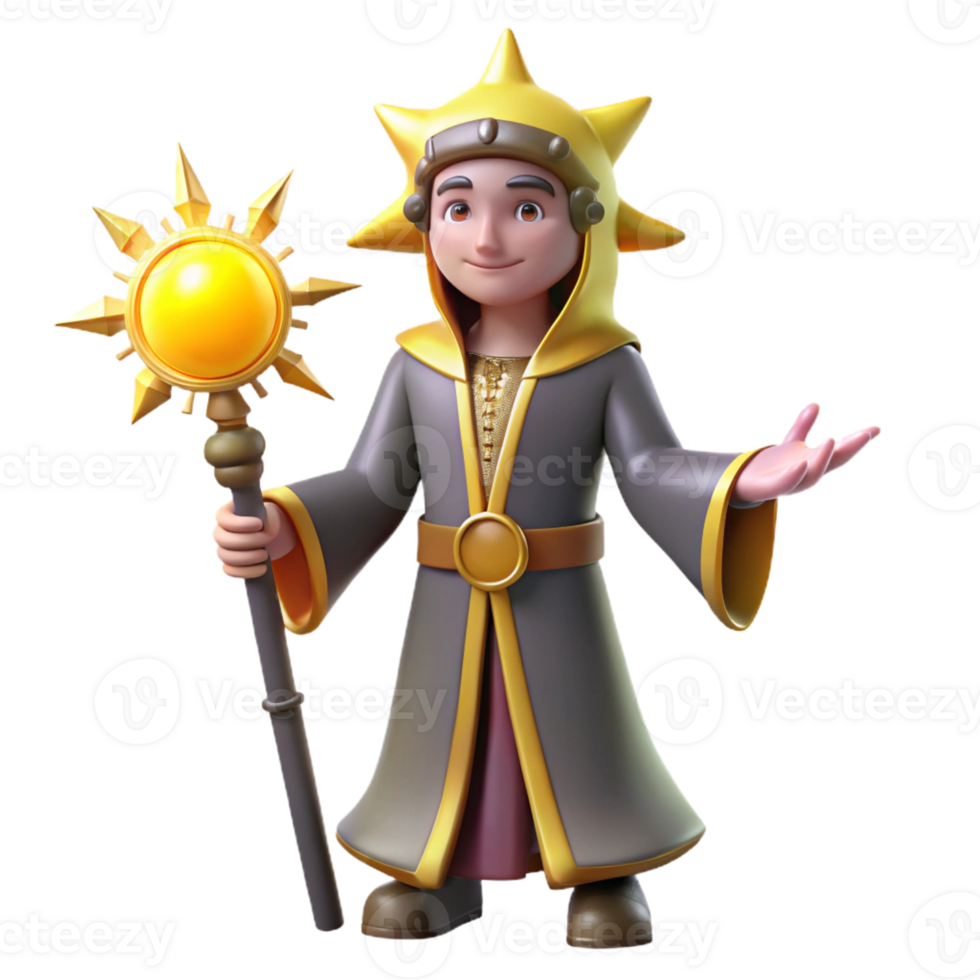 dramatic modern 3D Render Young Wizard Sun Staff original png