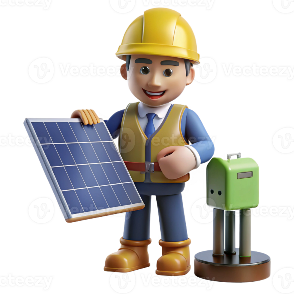 beautiful minimalist 3D Illustration Solar Panel Technician 4K png