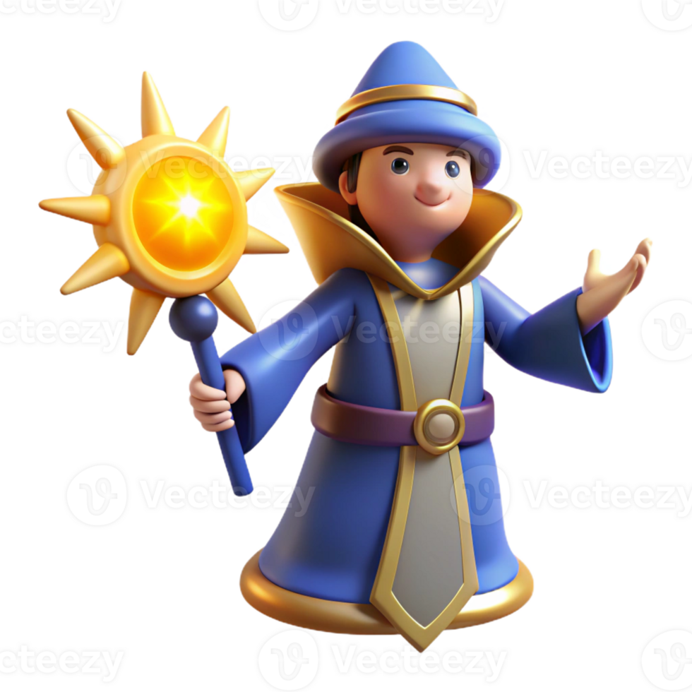 impressive minimalist 3D Cartoon Wizard with Sun Staff detailed png