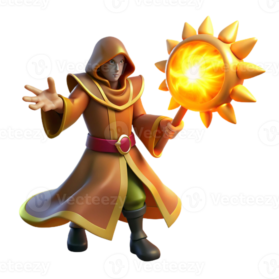 serene artistic 3D Render Wizard with Sun Staff high resolution png
