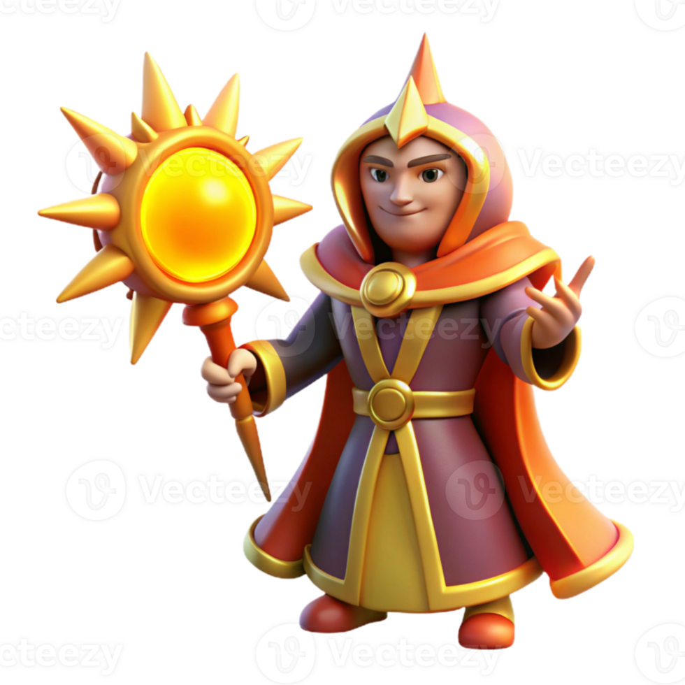 dramatic creative 3D Cartoon Wizard with Sun Staff Illustration detailed png