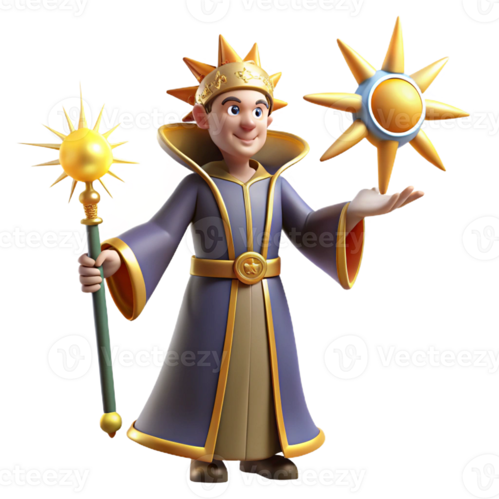 serene artistic 3D Cartoon Wizard with Sun Staff detailed png