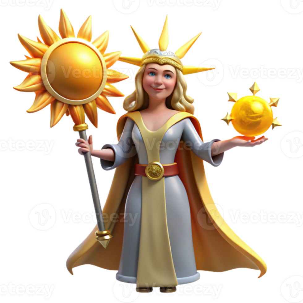 elegant minimalist 3D Illustration Sun Goddess with Magical Scepter original png