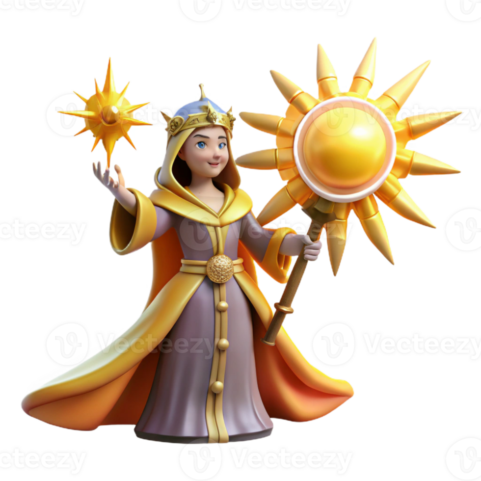 beautiful vintage 3D Render Young Queen with Sun Staff original png
