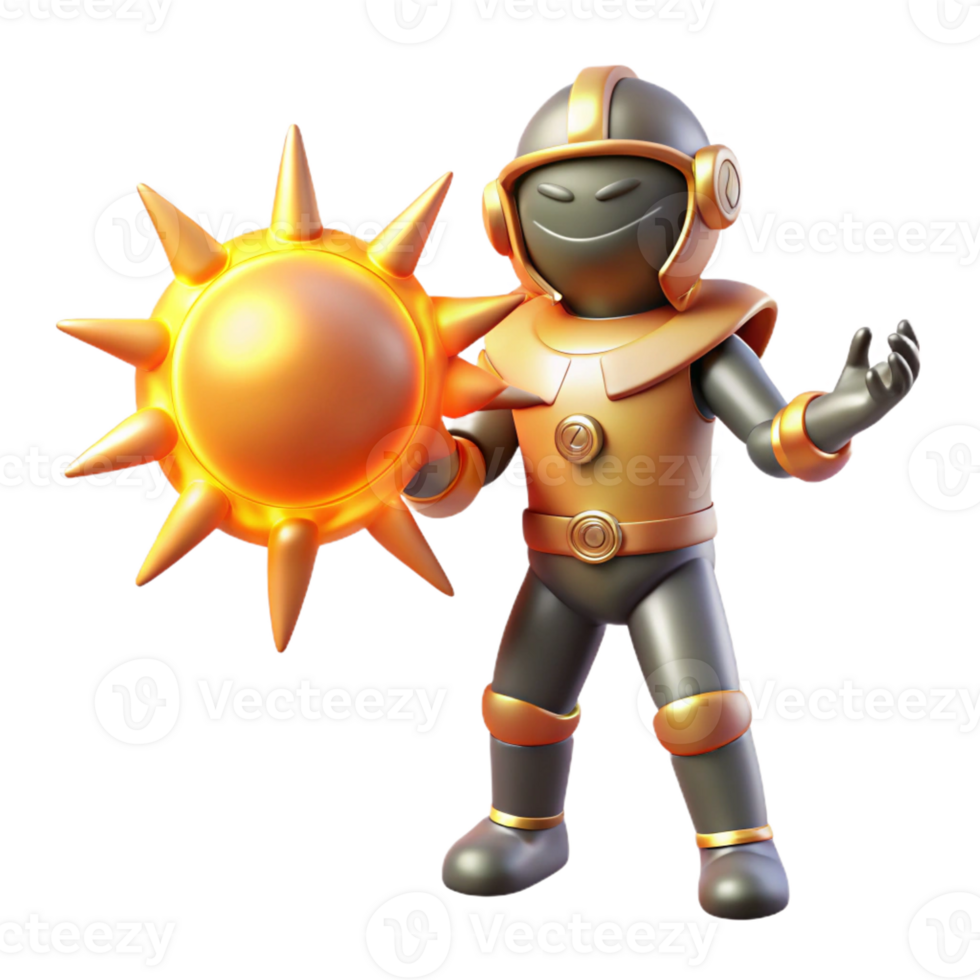 impressive rustic 3D Render Golden Robot with Sun Weapon premium png
