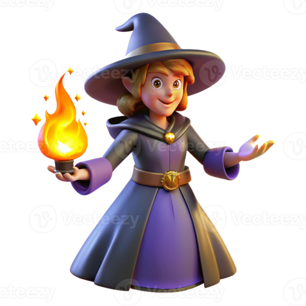 serene rustic 3D Render Young Witch with Flame professional png