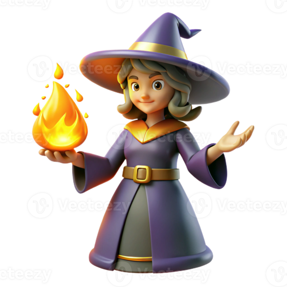 serene traditional Friendly 3D Witch Illustration Holding a Flame professional png