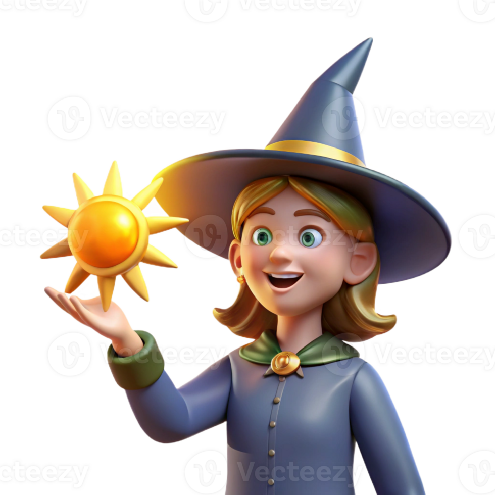 impressive modern 3D Render of a Cute Witch Holding a Sun high resolution png