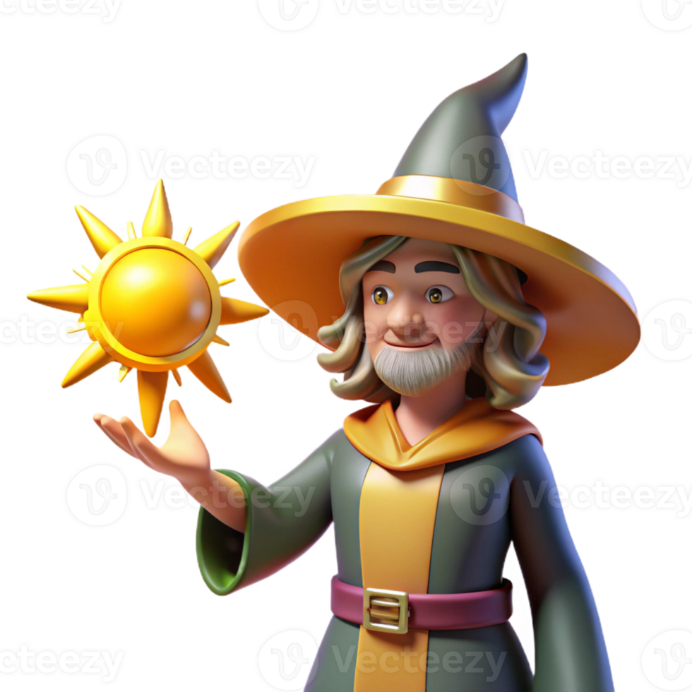 extraordinary vintage 3D Cartoon Wizard Sun Illustration authentic png