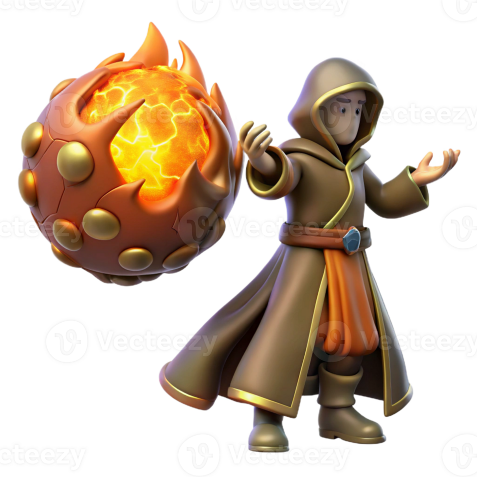 stunning classic Wizard 3D Render, Fireball Magic exclusive png